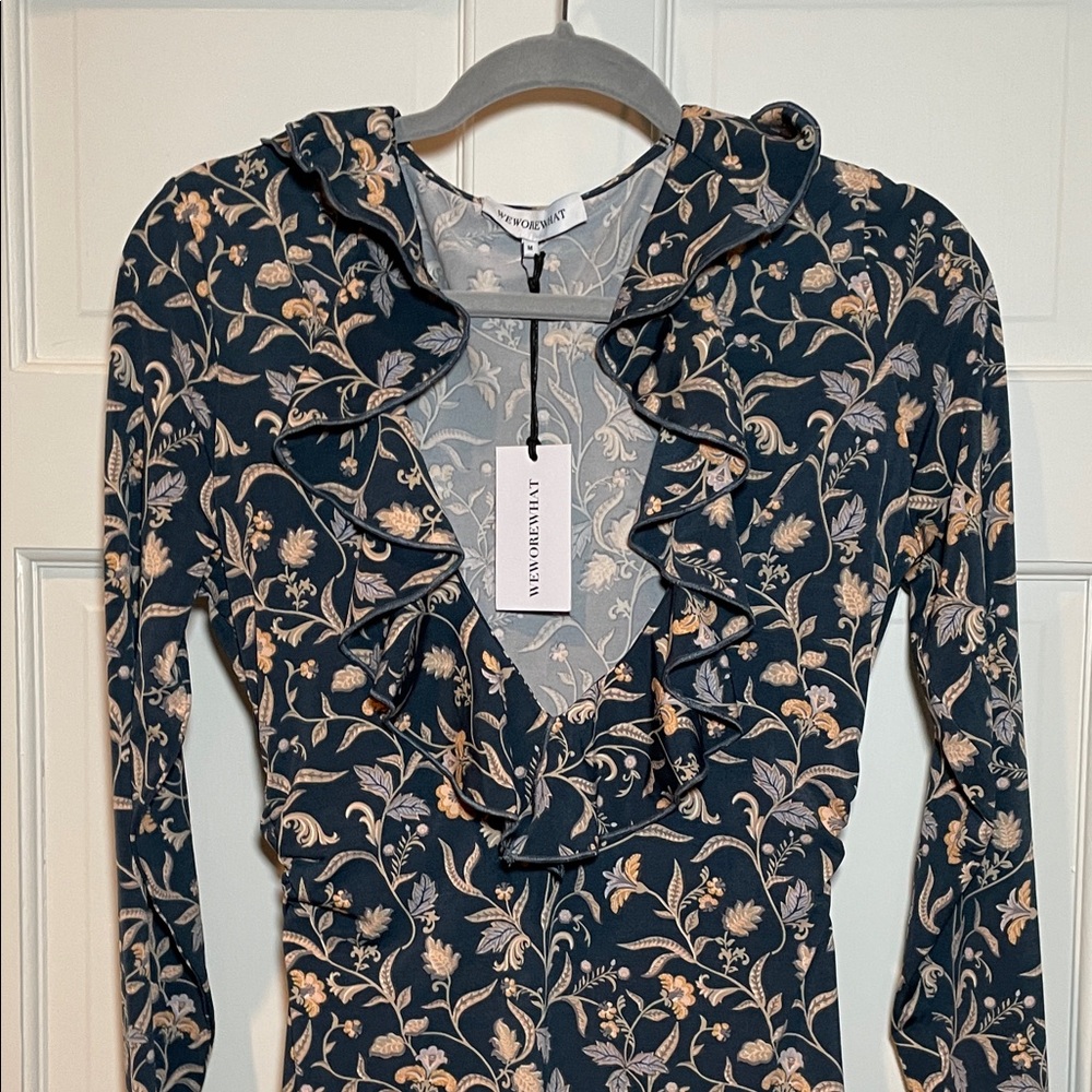 We wore what | Long Sleeve Floral Dress - Navy and Beige